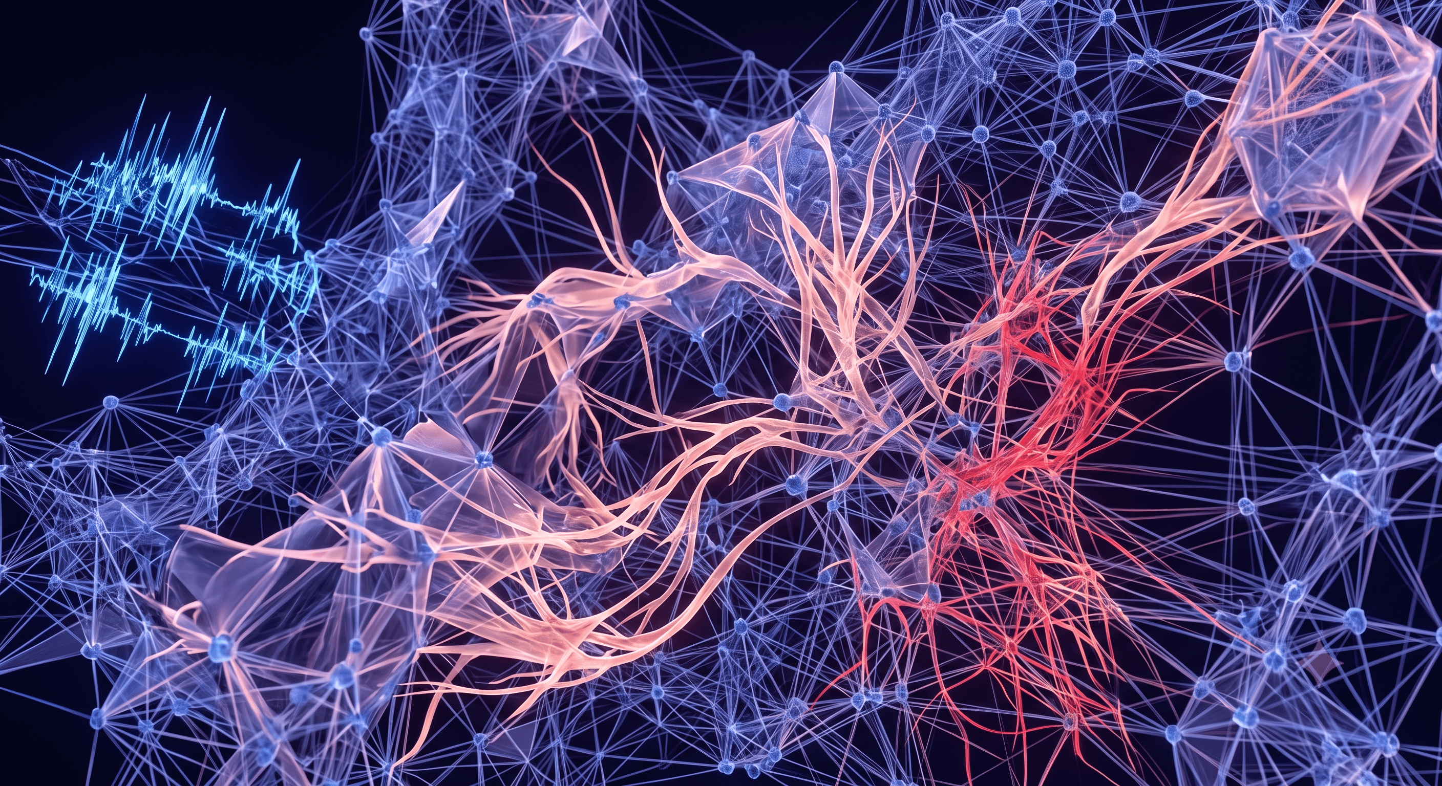 A neural network rendered as a glowing brain-like structure, with one node pulsing red under pressure, set against a dark technical background.