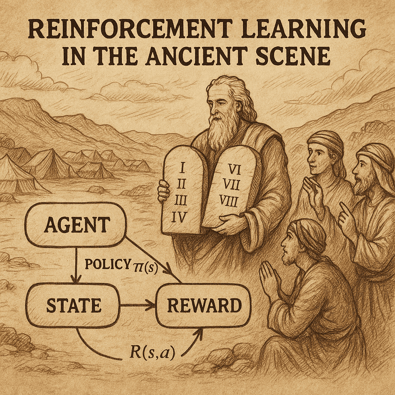 Abstract square artwork suggesting reinforcement learning, patterns, and ancient narrative themes.