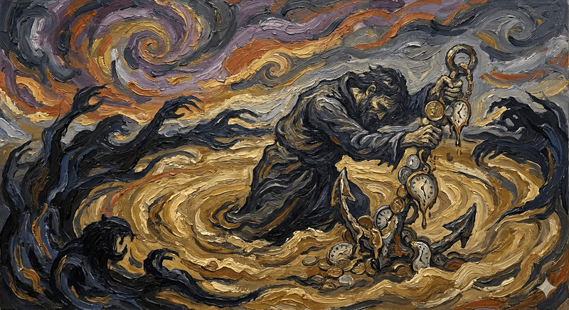Surreal expressionist scene: a robed figure kneels in a golden whirlpool, gripping an anchor encrusted with melting clocks and coins under a turbulent purple-orange sky.