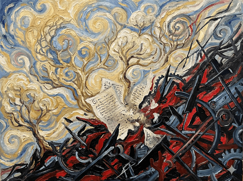 Expressionist-style painting: handwritten pages pulled between a swirling pale sky and dark mechanical gears, evoking trust and broken agreements.